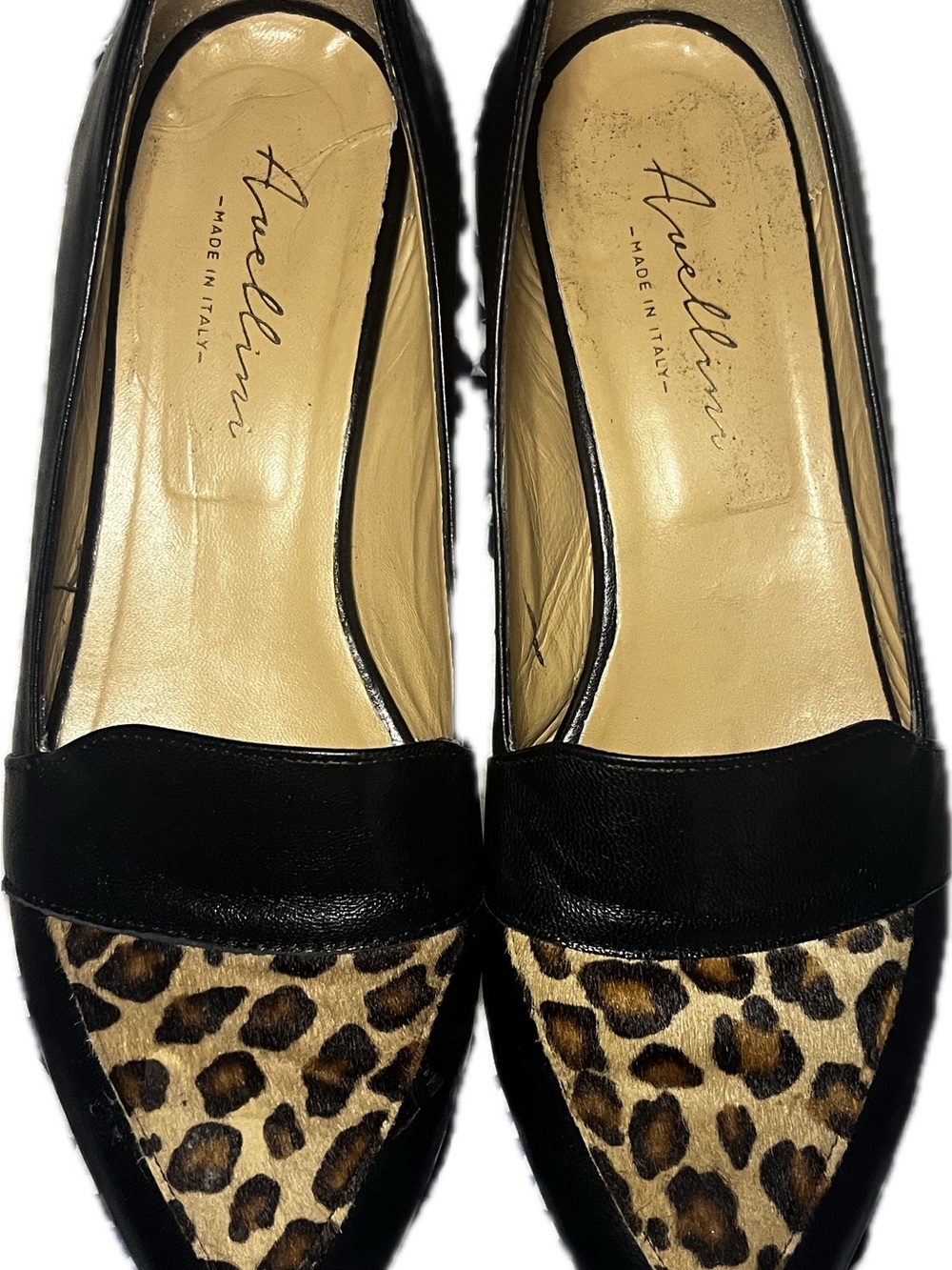 Avellini Black Leather & Leopard Print Pointed Flats made in Italy